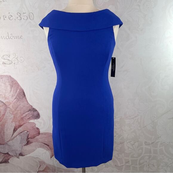 Tahari ASL check out the back of this dress blue sheath dress folded collar new - Picture 1 of 12